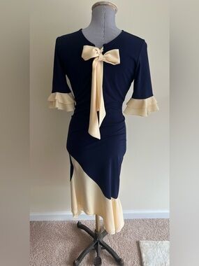 Navy Blue Bodycon Mermaid Dress Ruffle Hem 3/4 Bell Sleeve Flounce Vintage Midi